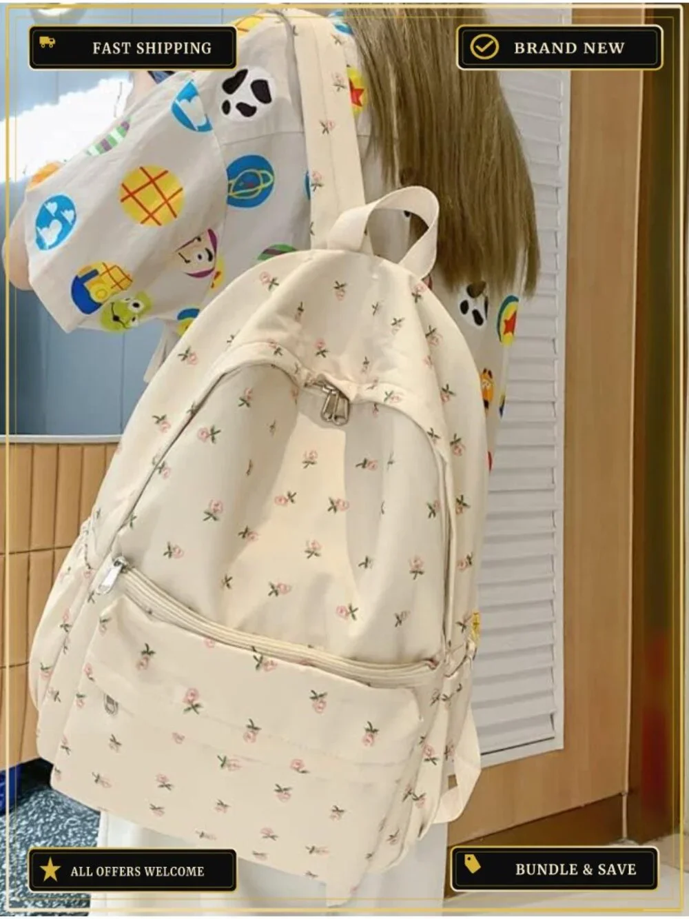 Cute Preppy Floral Nylon Backpack Daypack Laptop Bag